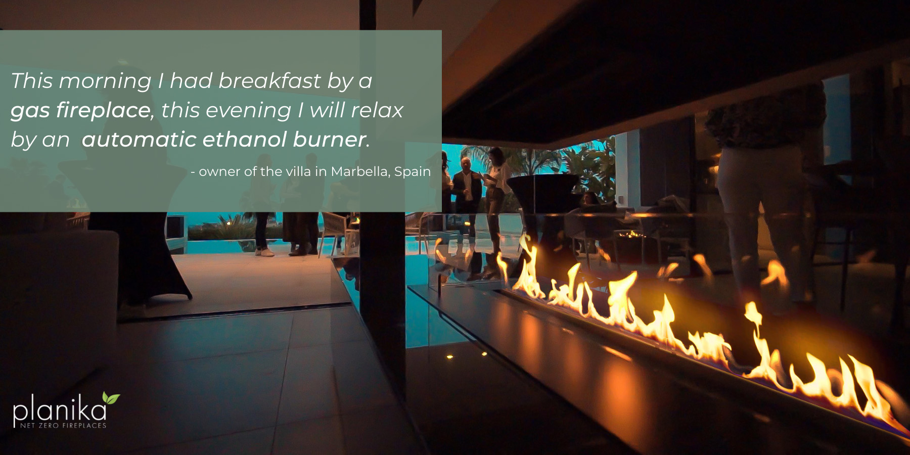 Burning ethanol vapour fireplace FLA4+ by Planika with a long line of fire.