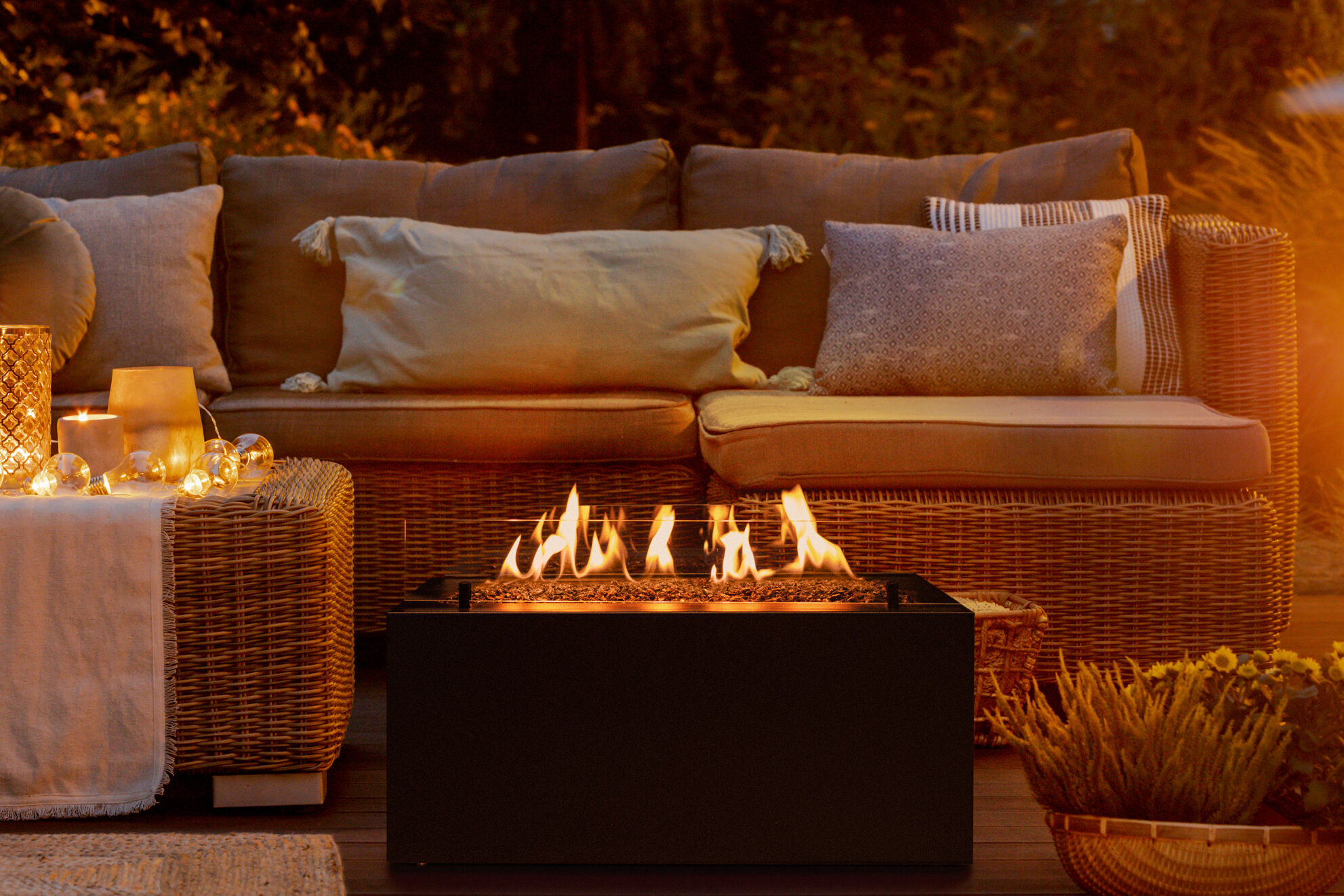 Elegant and compact outdoor gas fire pit fueled with LPG gas bottles for your terrace