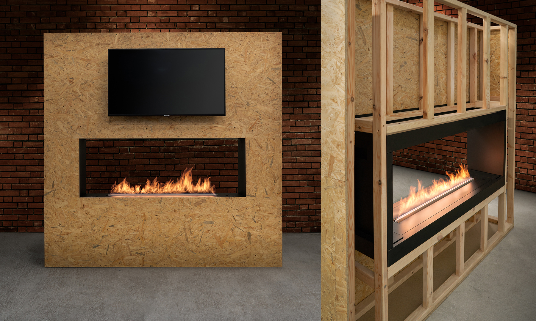 TV installed above an ethanol fireplace on a wall made of combustible materials.