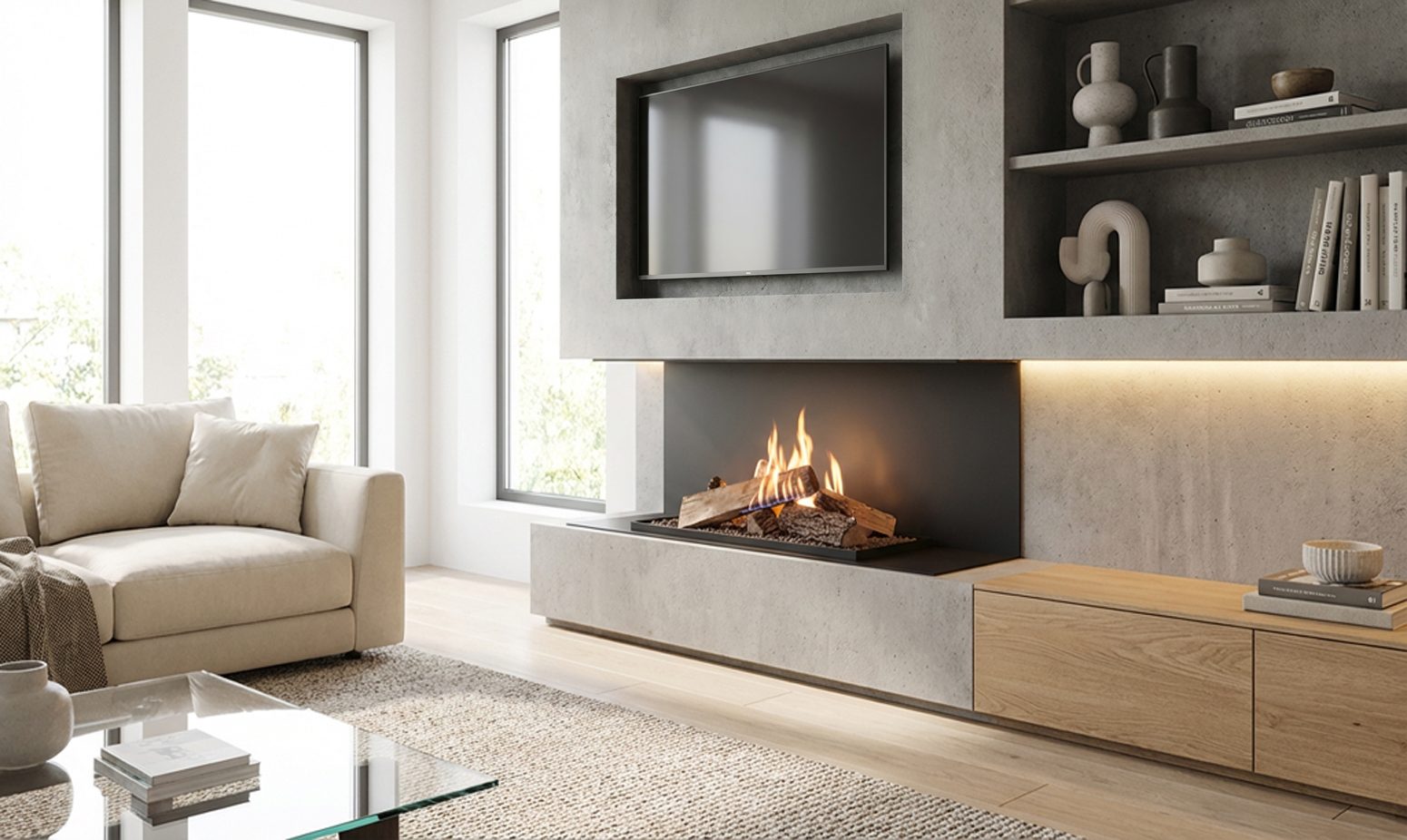 A Planika fireplace running directly beneath a wall mounted television
