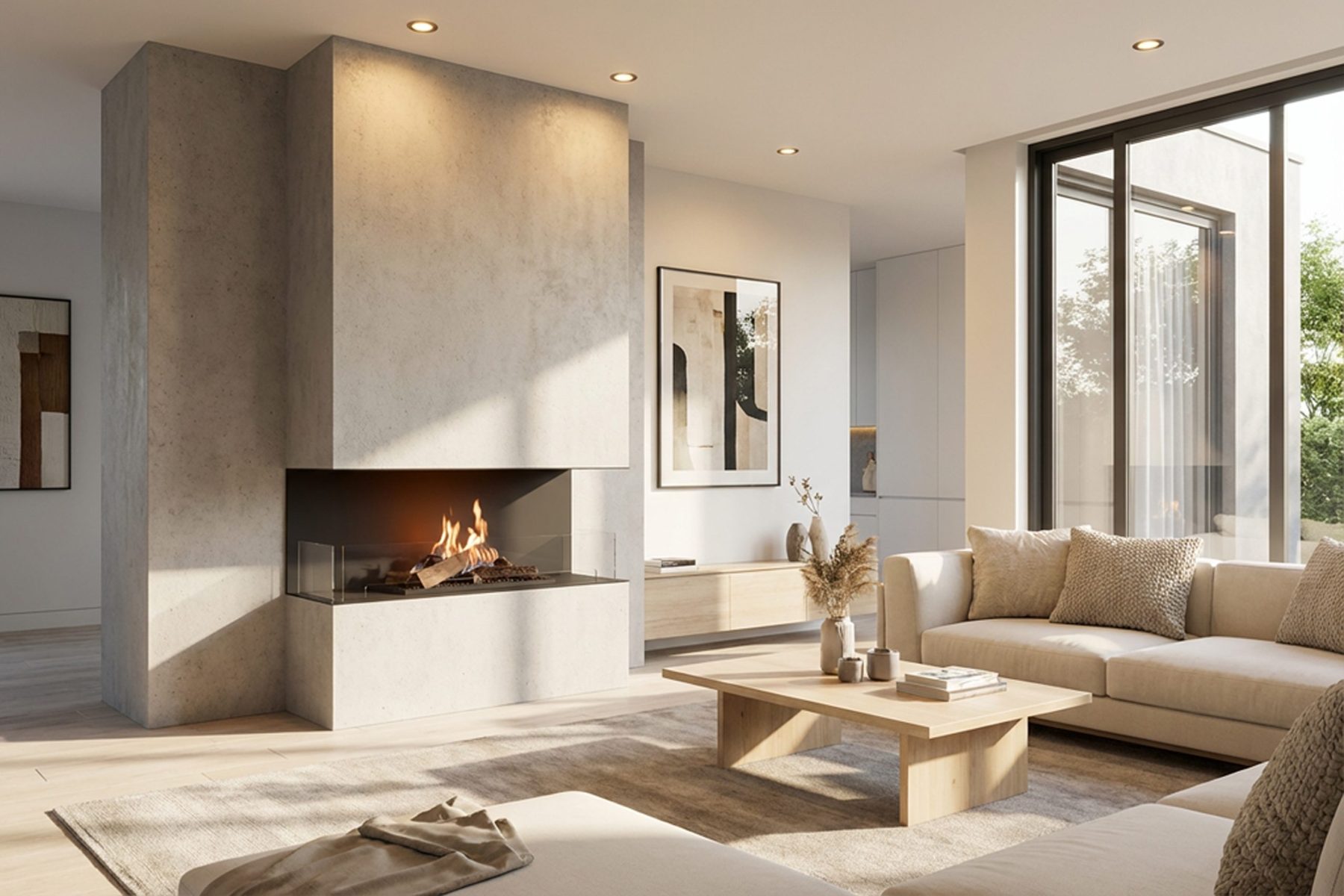 A Planika FLA4 fireplace with FLOGS built into a wall in a room with no chimney